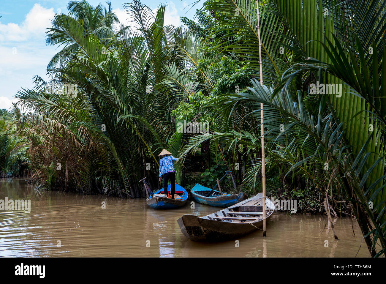 Boats rest on the shore of a channel in the Mekong Delta, Vietnam Stock ...