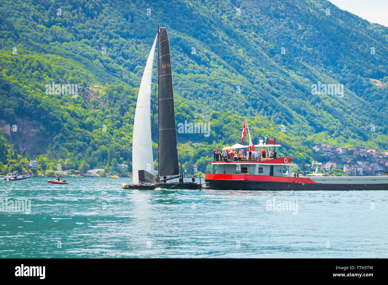 Sailing boat during Bol d’or the biggest regatta on Lake leman Geneva Stock Photo