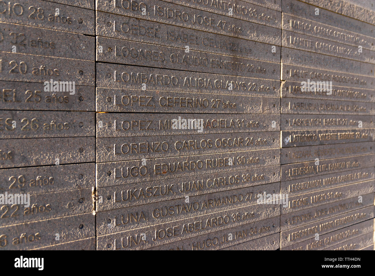 Wall that remembers the names of the victims of state violence, in the Memory Park in Buenos Aires, Argentina Stock Photo