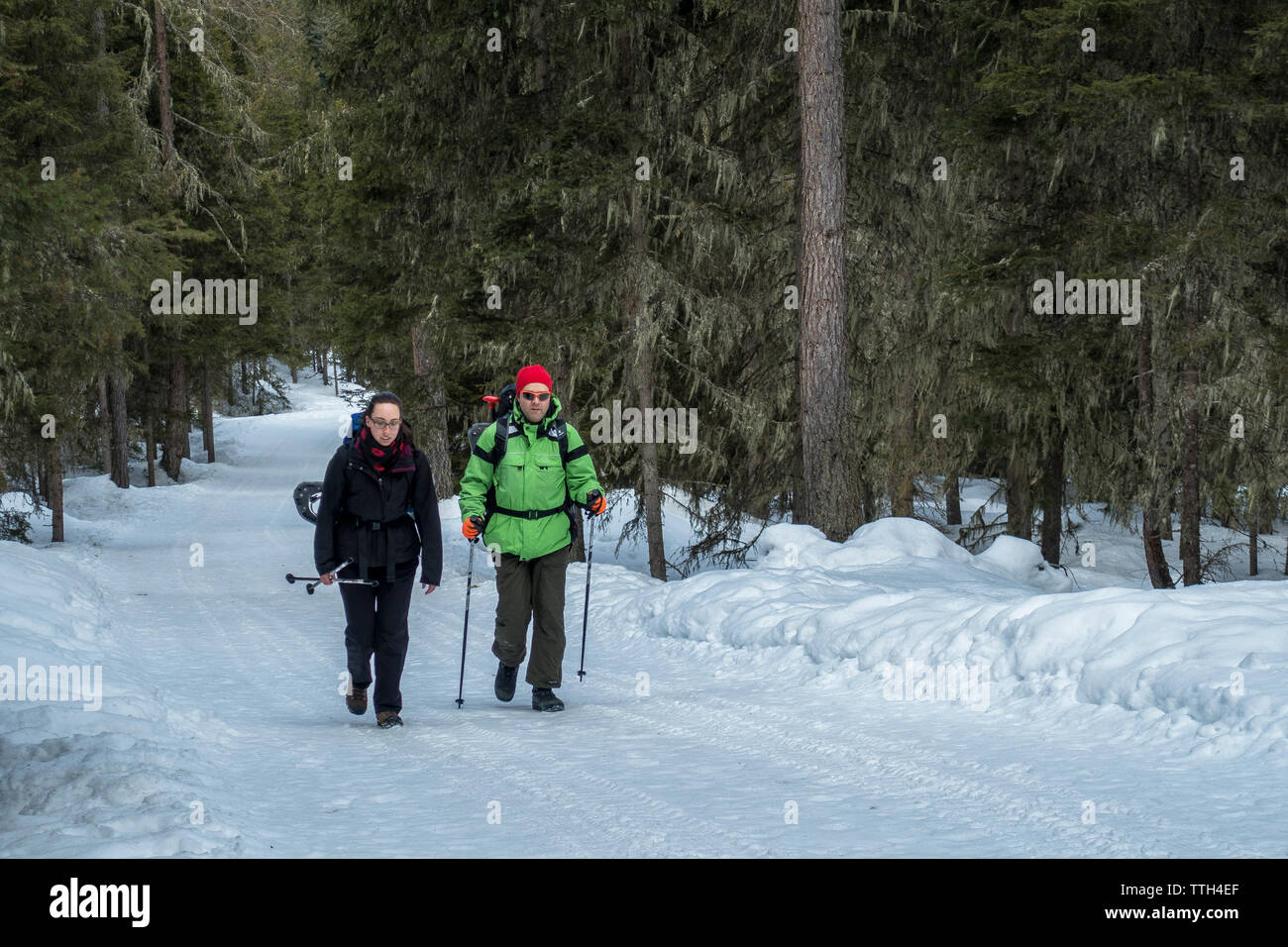 Couple hiking through a forest in the snowy Austrian alps Stock Photo