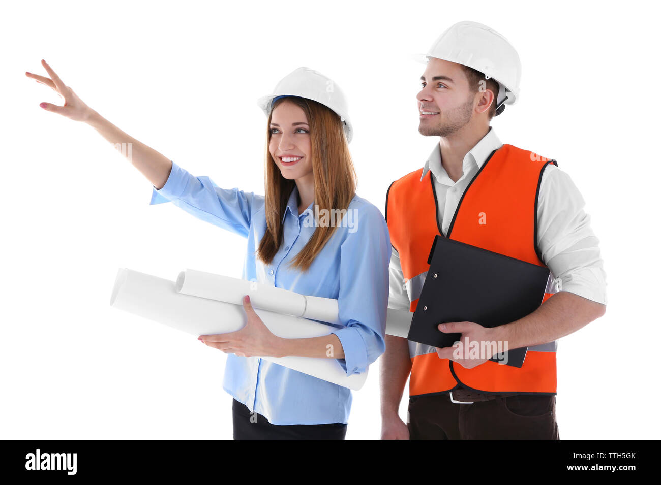 Two architects at work isolated on white Stock Photo
