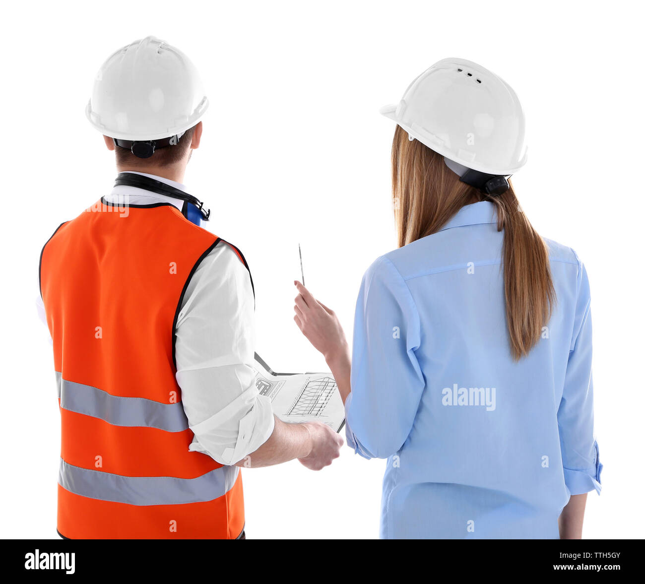 Two architects at work isolated on white Stock Photo