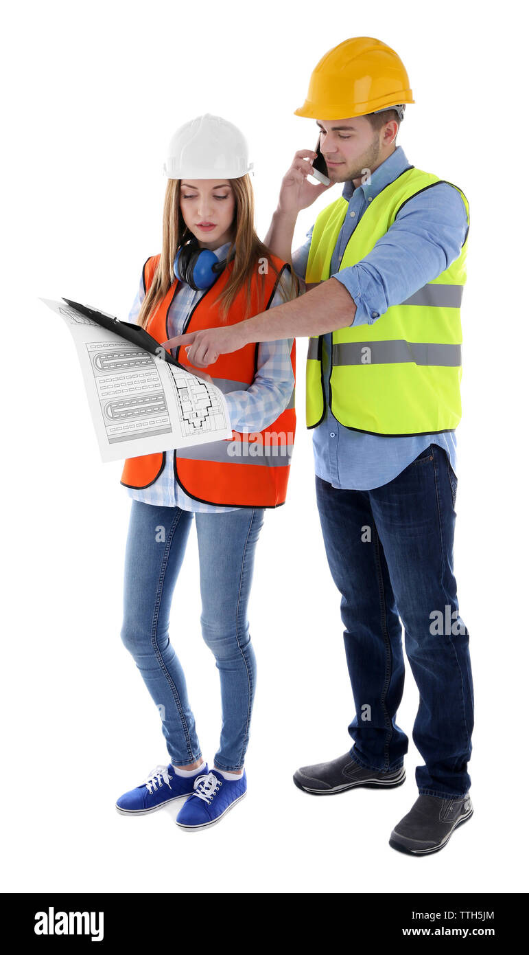 Two architects at work isolated on white Stock Photo