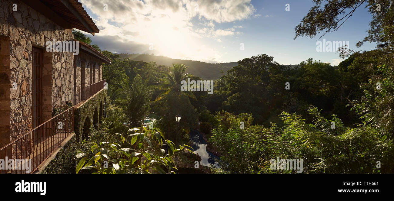 Amazing panorama of hotel and jungle at sunrise in Brazil South America. Stock Photo