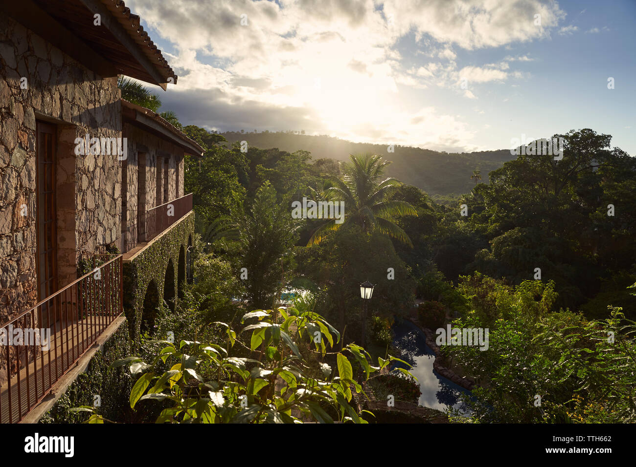 Amazing panorama of hotel and jungle at sunrise in Brazil South America. Stock Photo