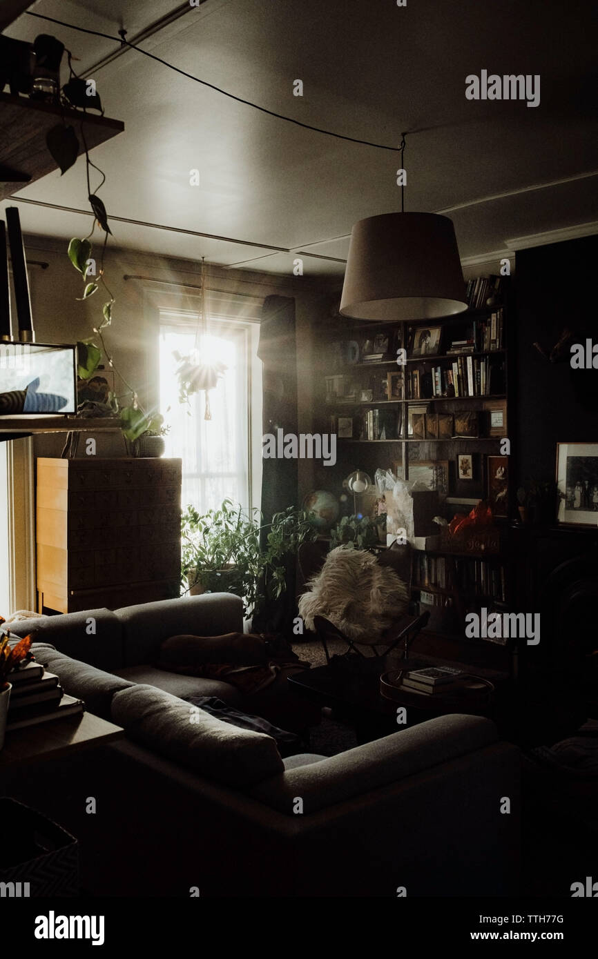 Living room with bright sunlight coming through window Stock Photo
