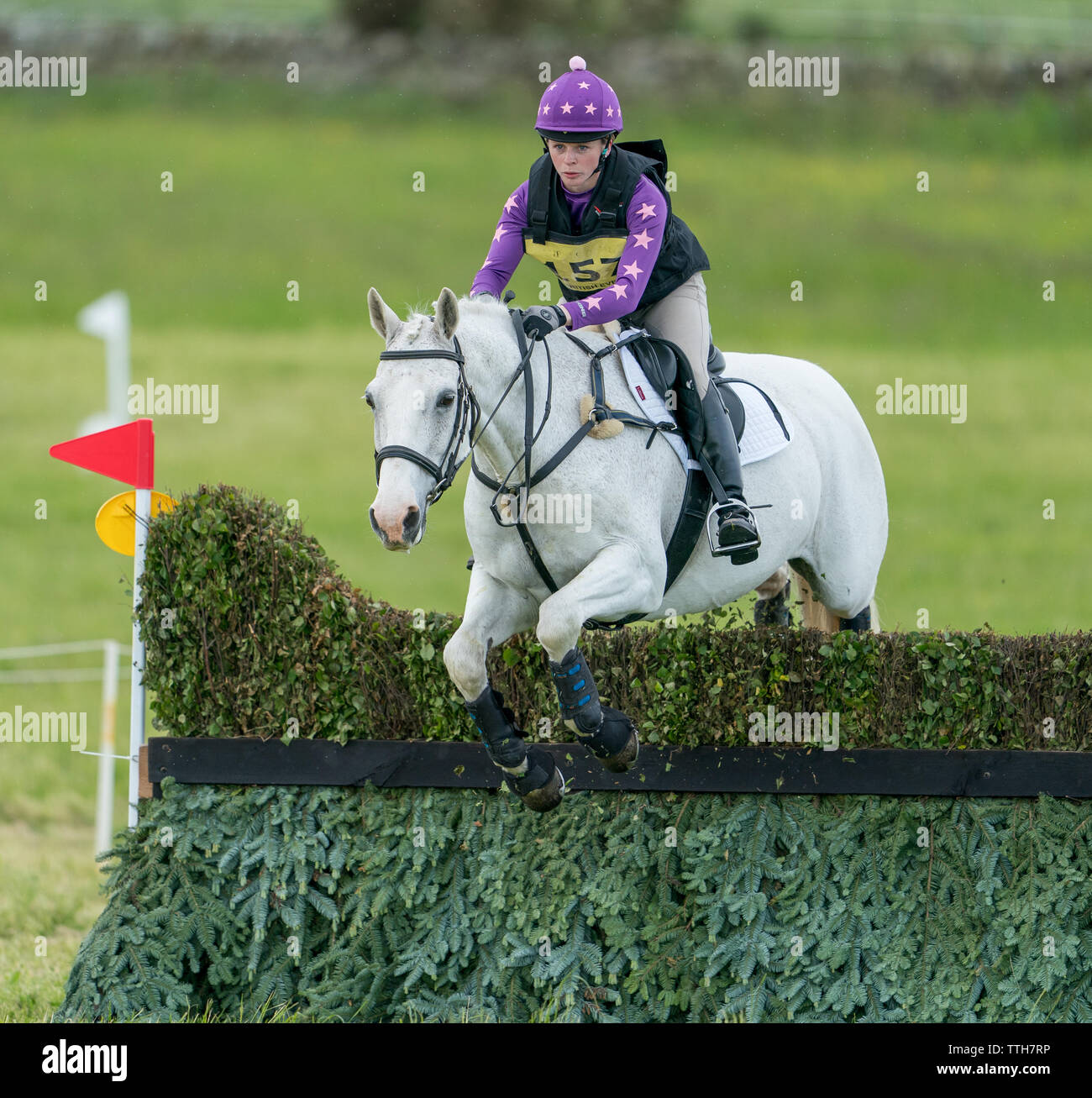 Burgie House, Forres, Moray, UK. 16th June, 2019. UK, IV36 2QU. This is Lisa Kernaghan with her horse, Cals Lad, Dapple Grey, 16.0 15, who won the Novice William Gray Construction Section D title at the Burgie Horse Trials. Credit: JASPERIMAGE/Alamy Live News Stock Photo