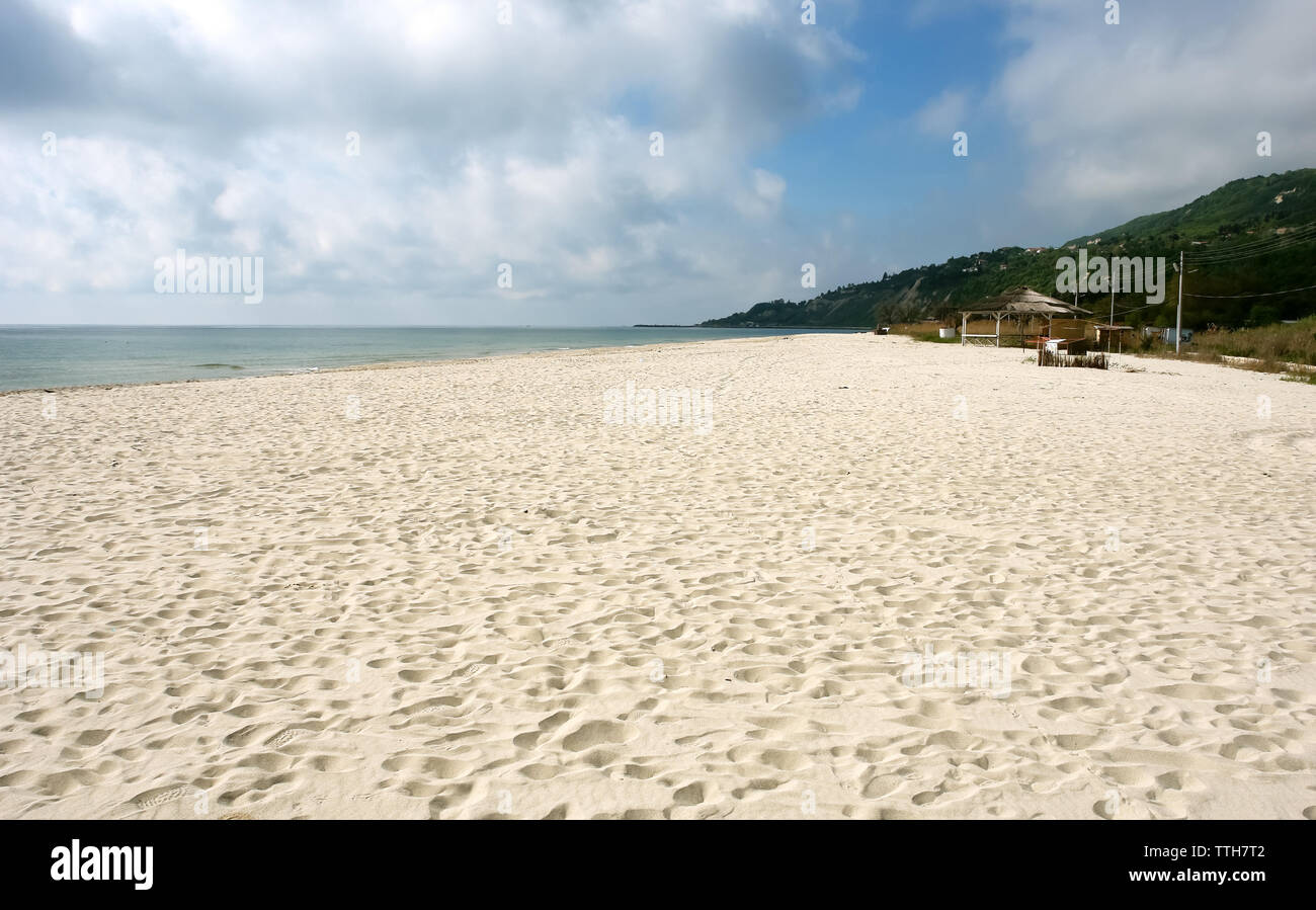 A sandy beach and a panoramic view of the coast of the Bulgarian resort of Kranevo. Stock Photo