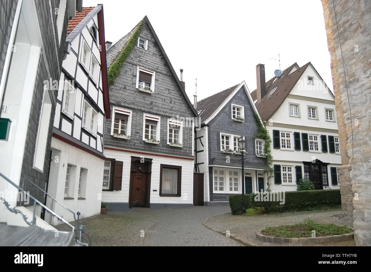 Street view with historical timber frame houses in Kettwig old town, Germany. Stock Photo