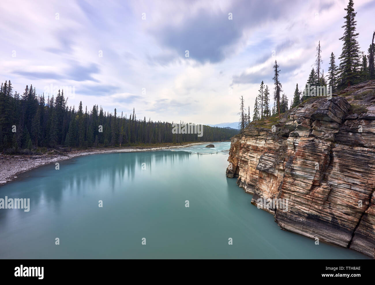 The turquoise water of the Athabasca River immediately after the Falls Stock Photo