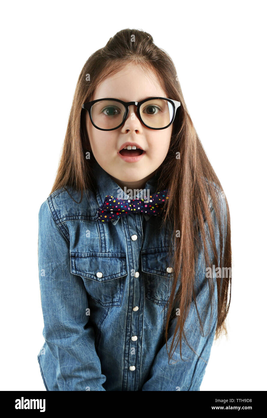 Cute little girl in glasses isolated on white Stock Photo - Alamy