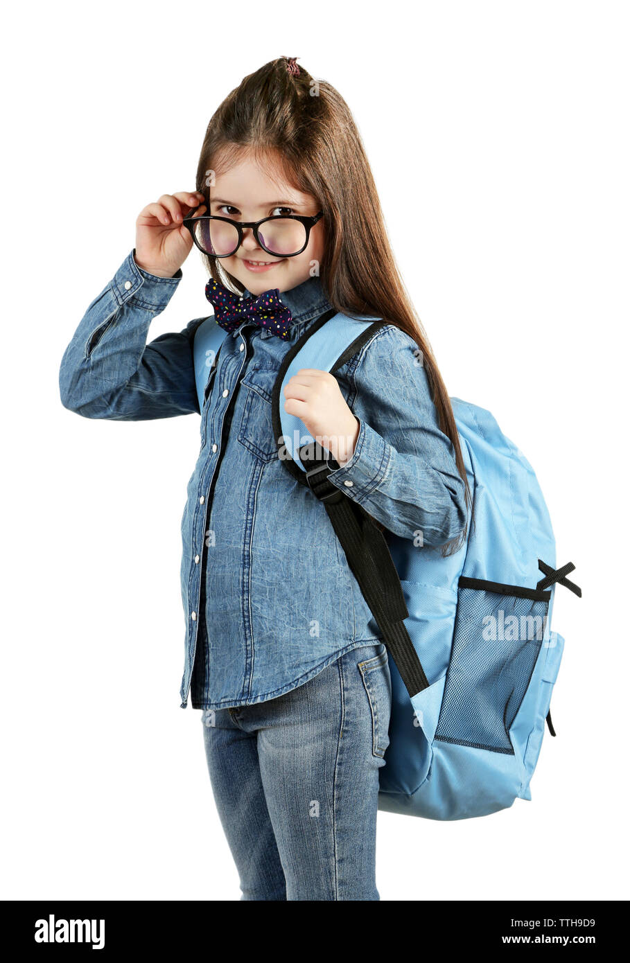 Little girl with school backpack isolated on white Stock Photo - Alamy