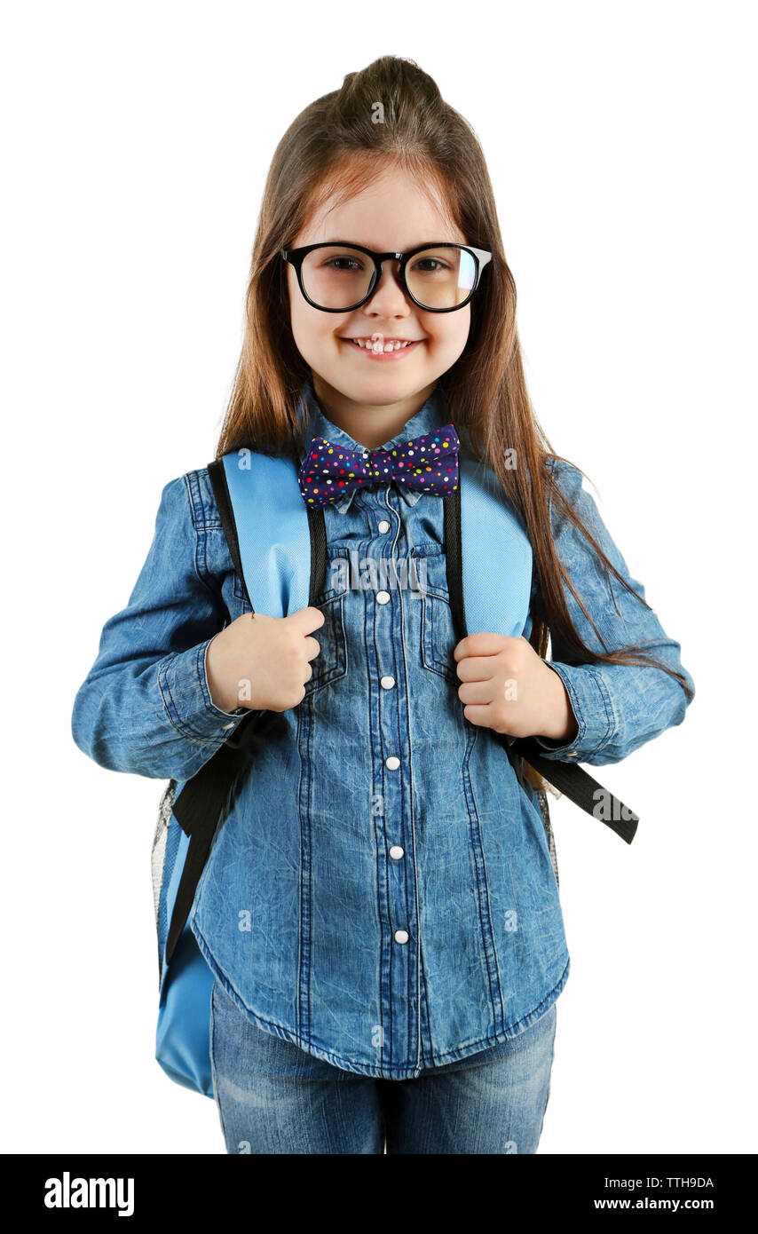 Little girl with school backpack isolated on white Stock Photo - Alamy
