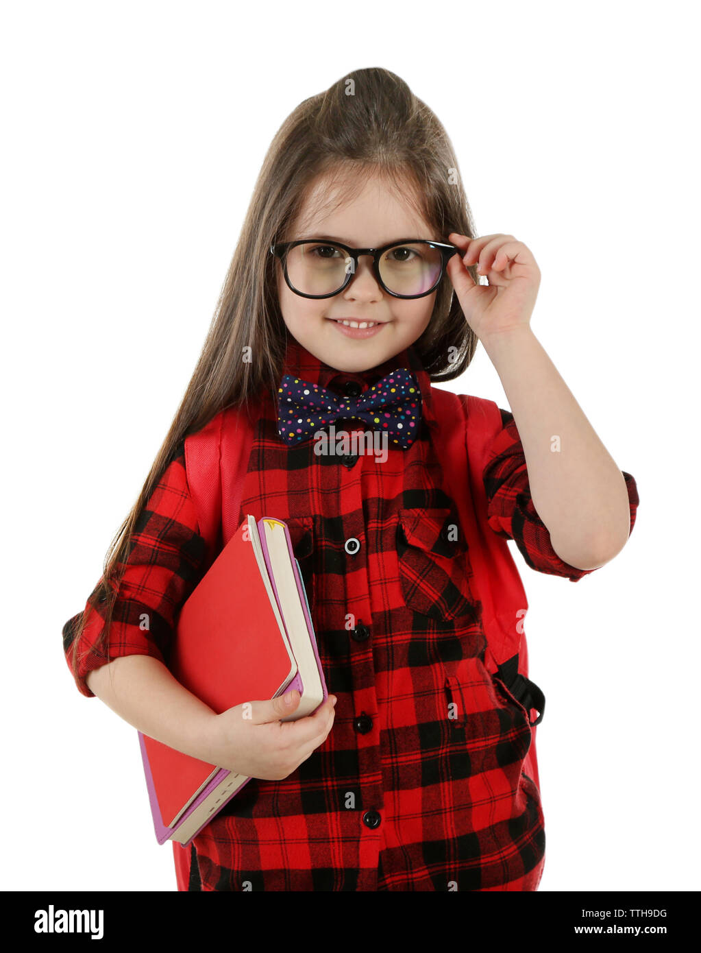 Little girl with backpack and notebooks isolated on white Stock Photo ...