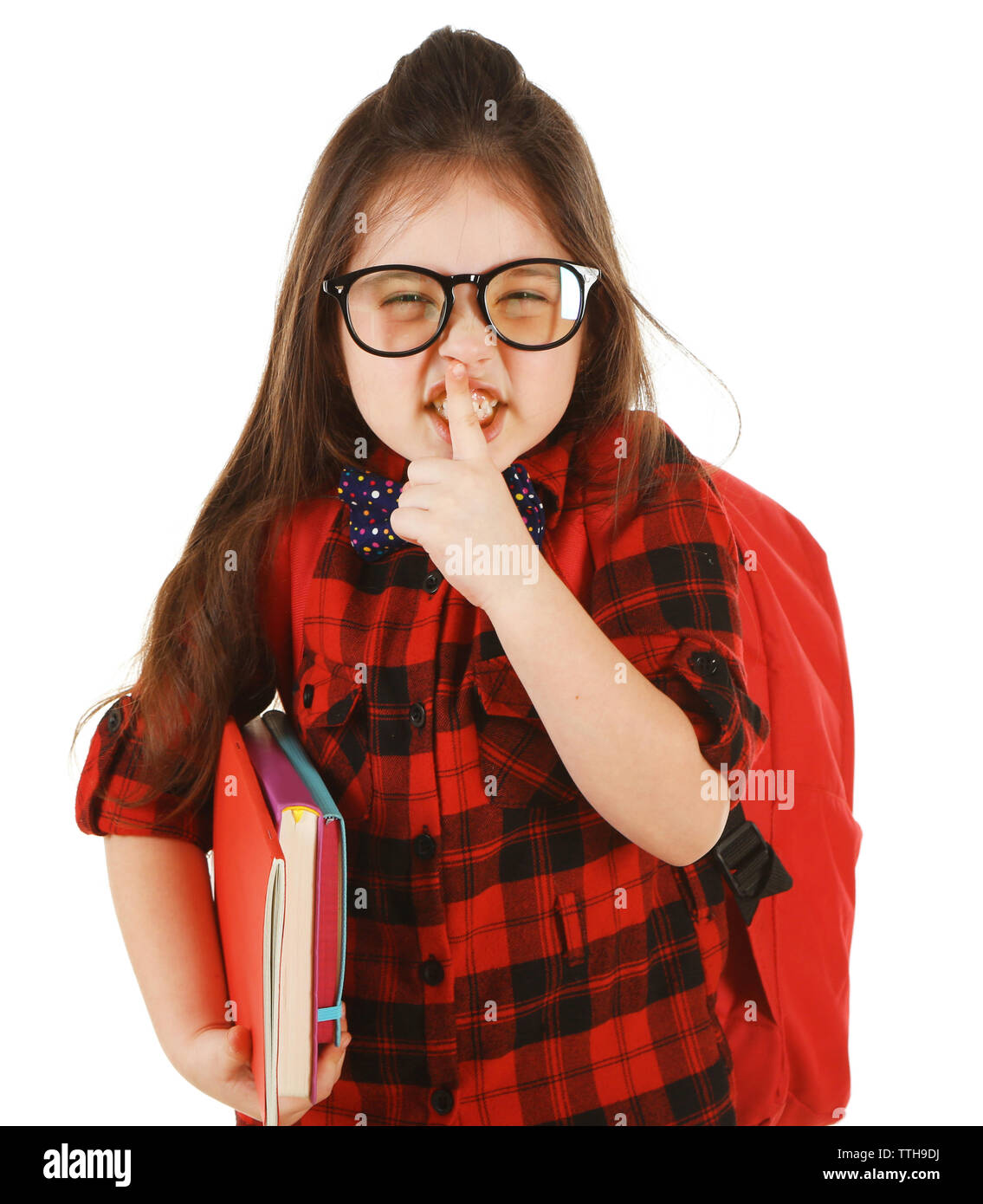 Little girl with backpack and notebooks isolated on white Stock Photo ...