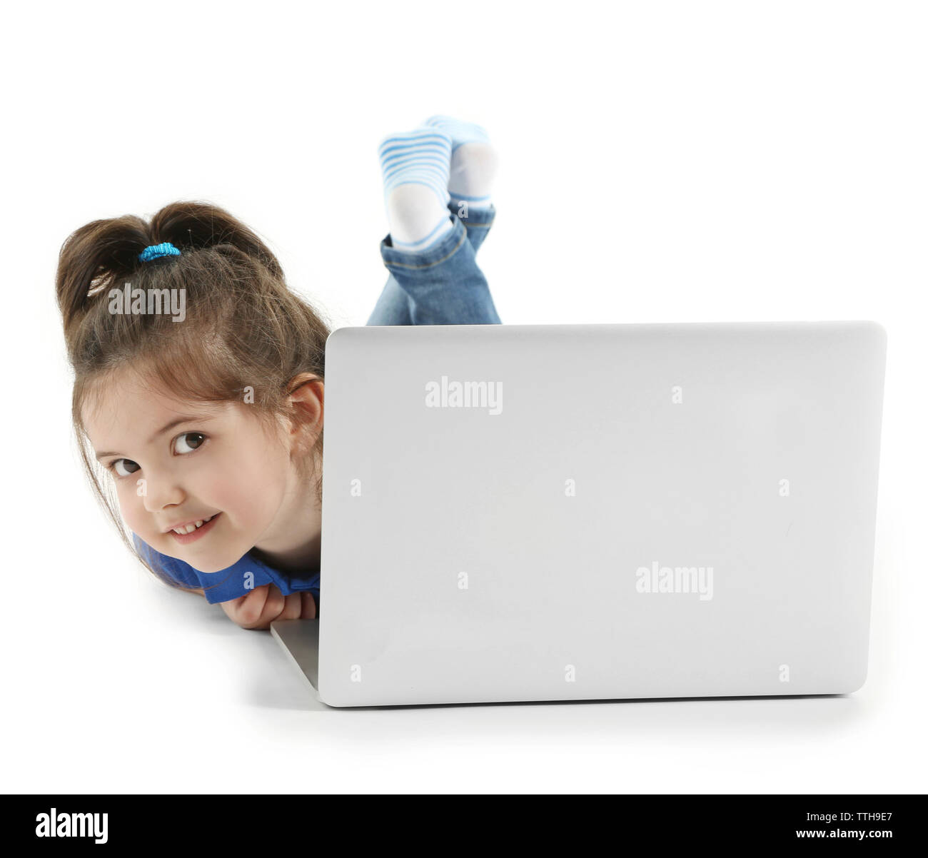 Little girl with laptop isolated on white Stock Photo - Alamy