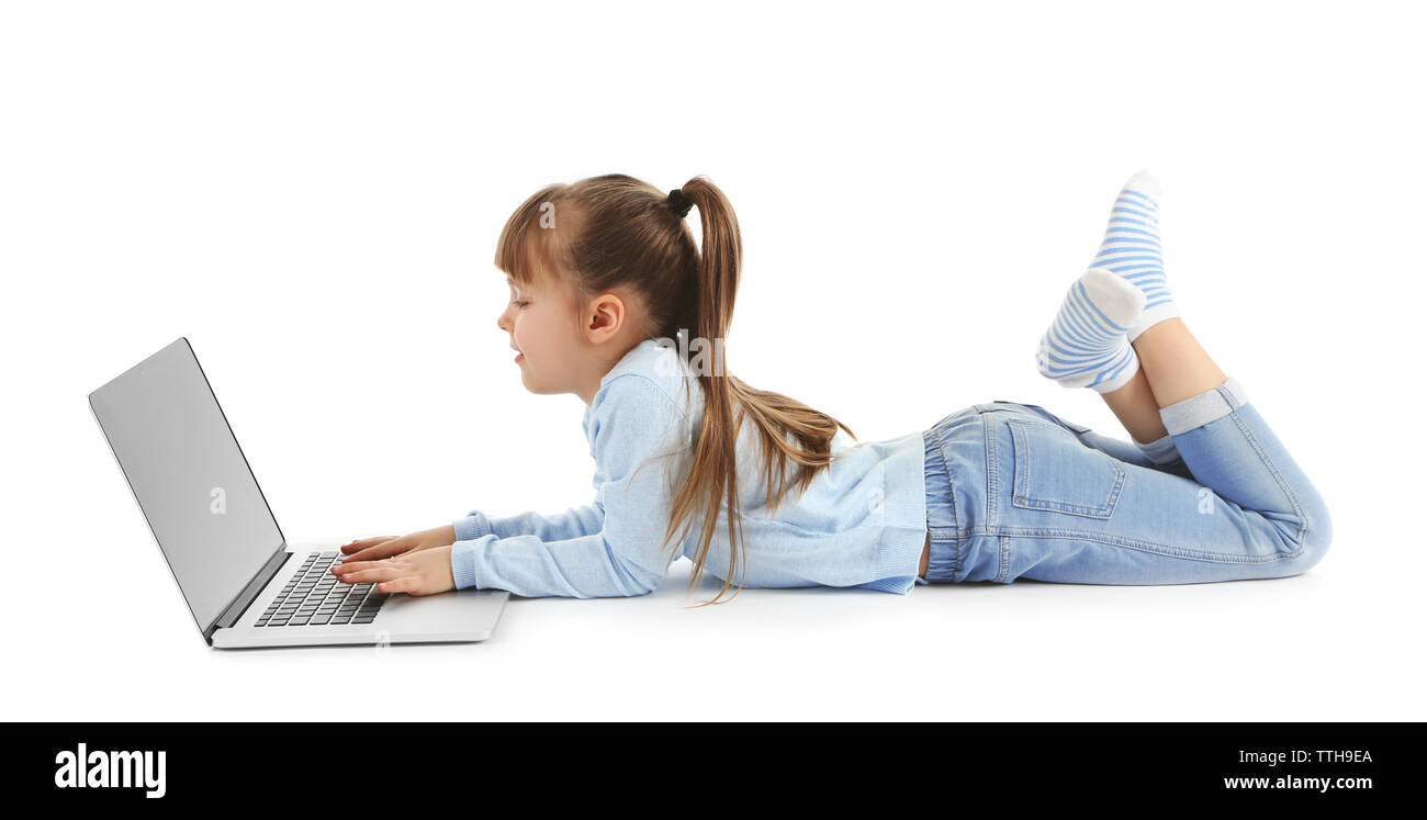 Little girl with laptop isolated on white Stock Photo - Alamy