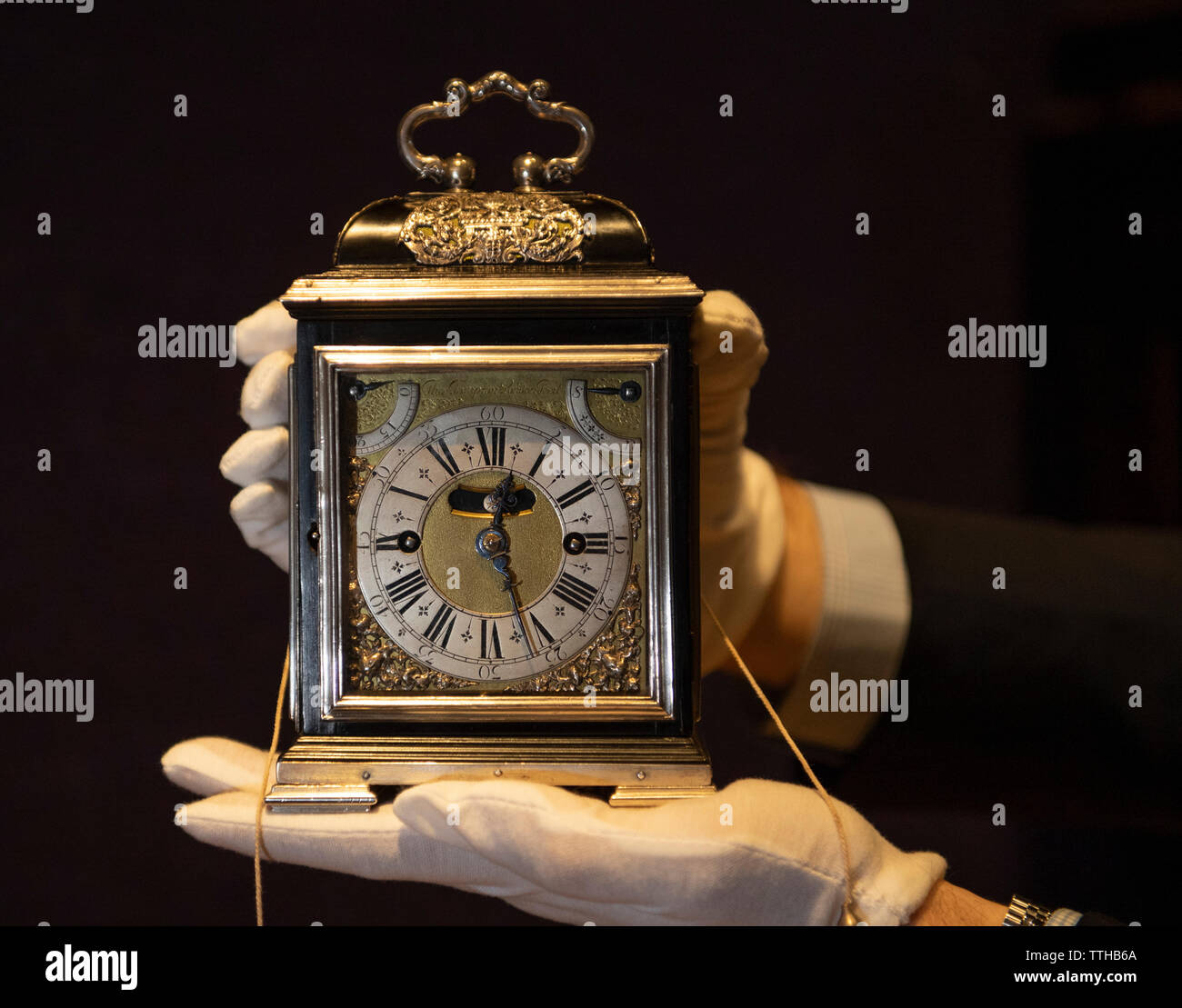 Bonhams, London, UK. 17th June 2019. Bonhams The Clive Collection of Fine Clocks and Watches preview of sale on 19th June 2019. One of the most valuable clocks ever to appear at auction, The King William and Queen Mary Royal Tompion table clock made by Thomas Tompion for Queen Mary II in 1693 (the Q Clock) is expected to fetch in excess of £2m. Credit: Malcolm Park/Alamy Live News. Stock Photo