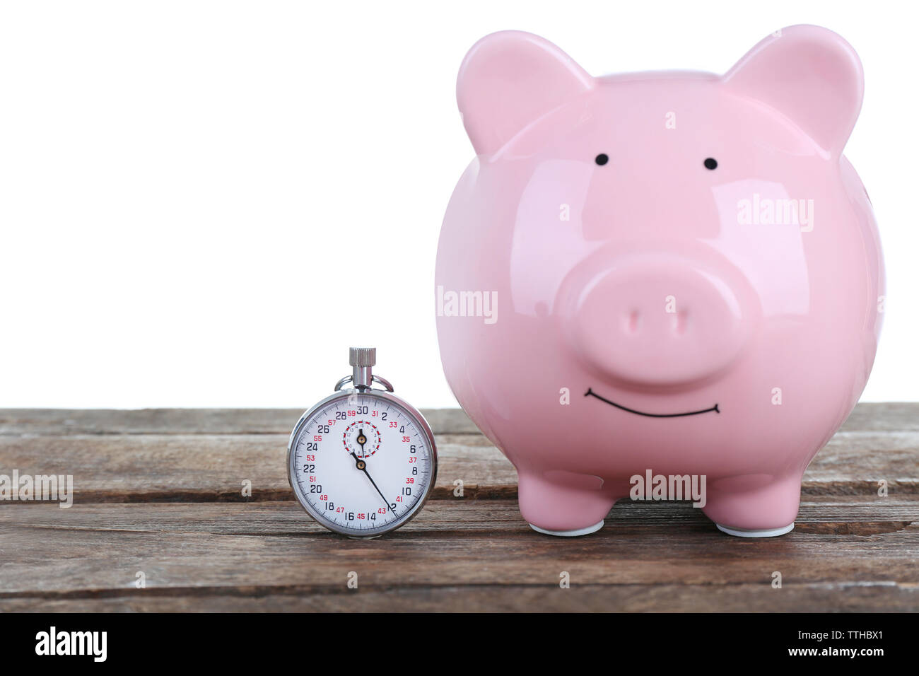 White piggy bank and a timer on white background Stock Photo Alamy