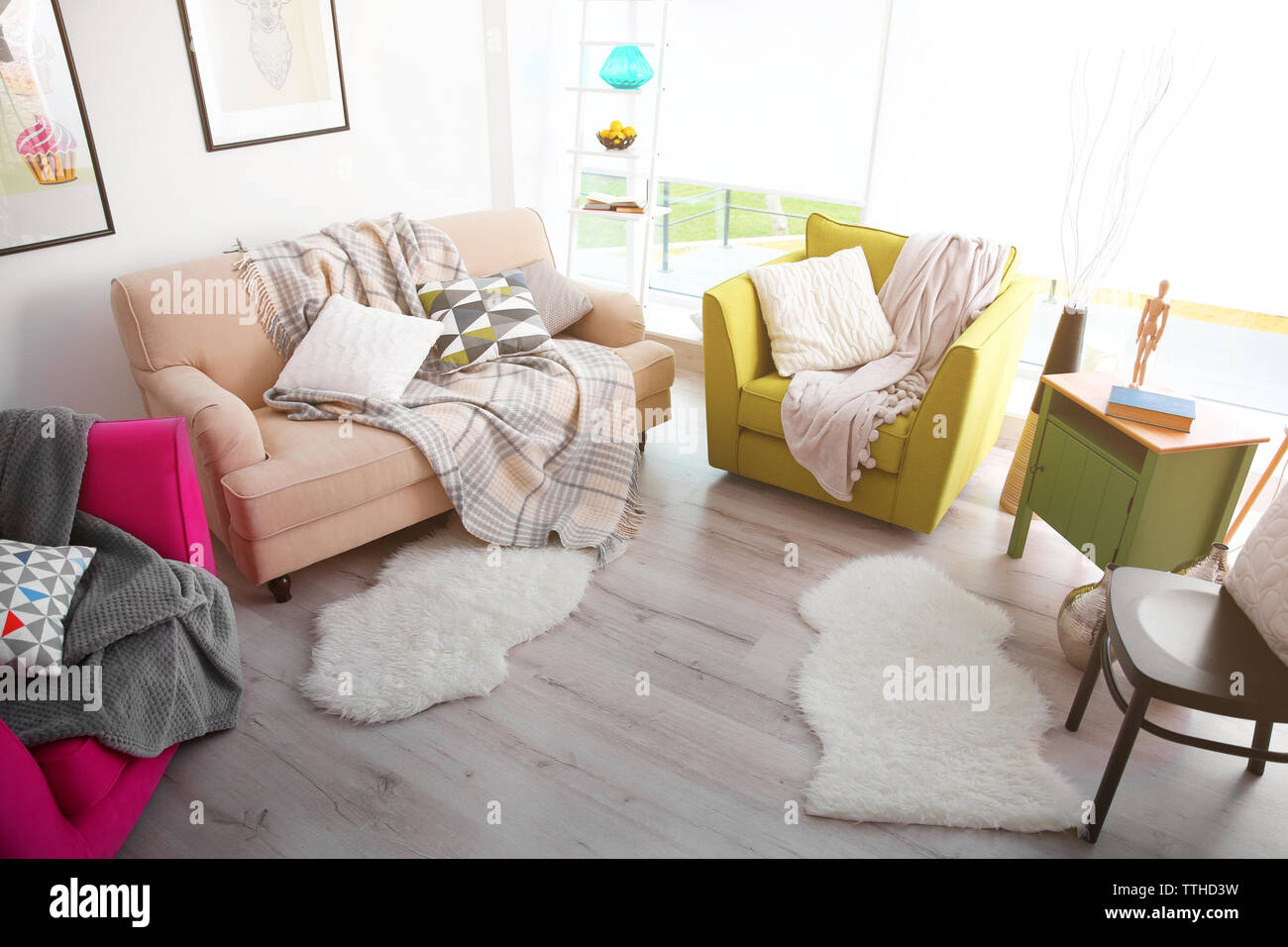 Modern living room design with sofa and armchairs Stock Photo - Alamy