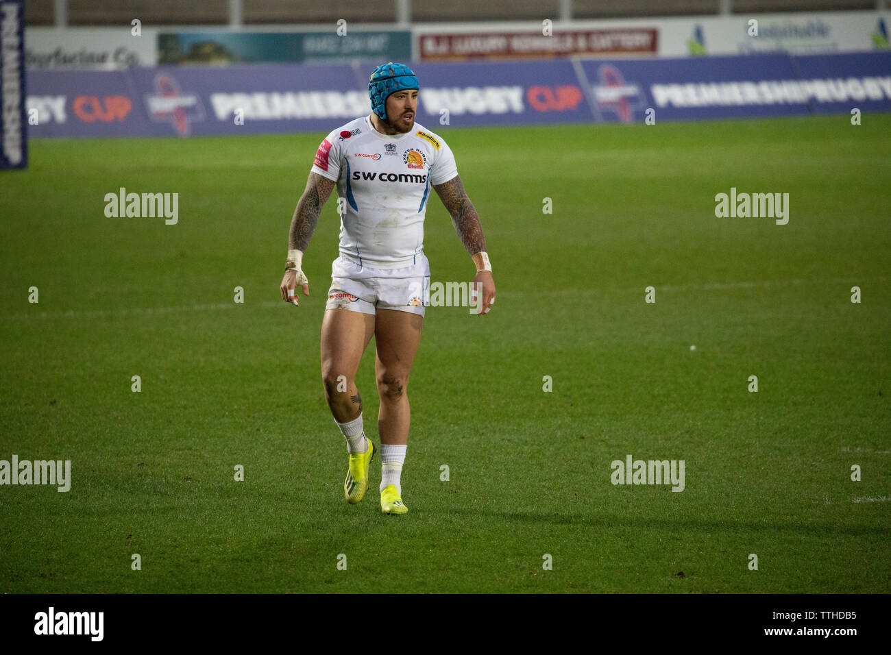 Exeter Chiefs winger Jack Nowell patrolling the field against Gloucester 2nd squad at Kingsholm stadium, Gloucester, UK Stock Photo
