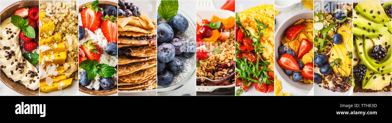 Collage Of Varied Healthy Breakfasts Muesli Pancakes Scrambled