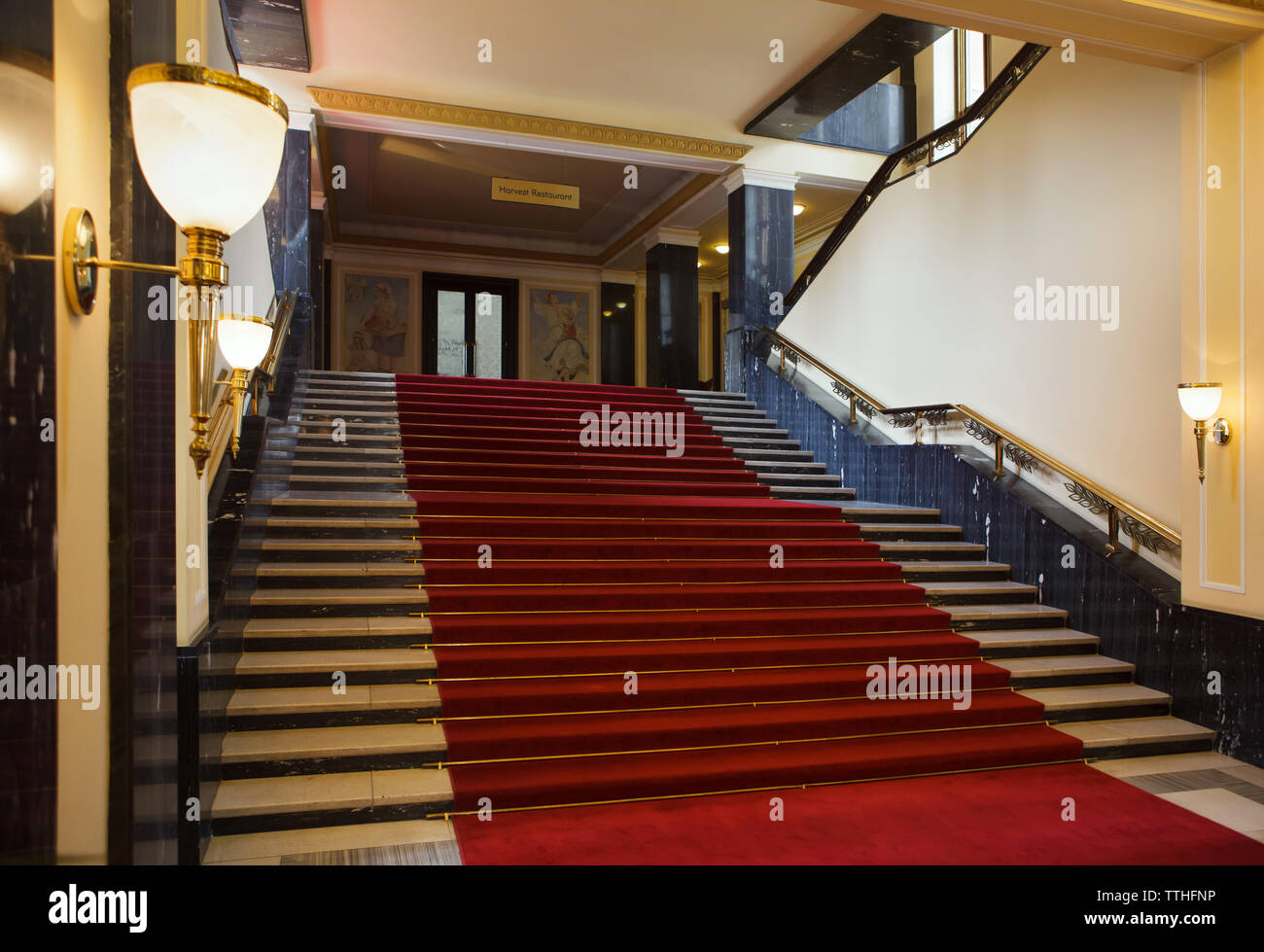Main staircase in the Hotel International in Dejvice district in Prague ...