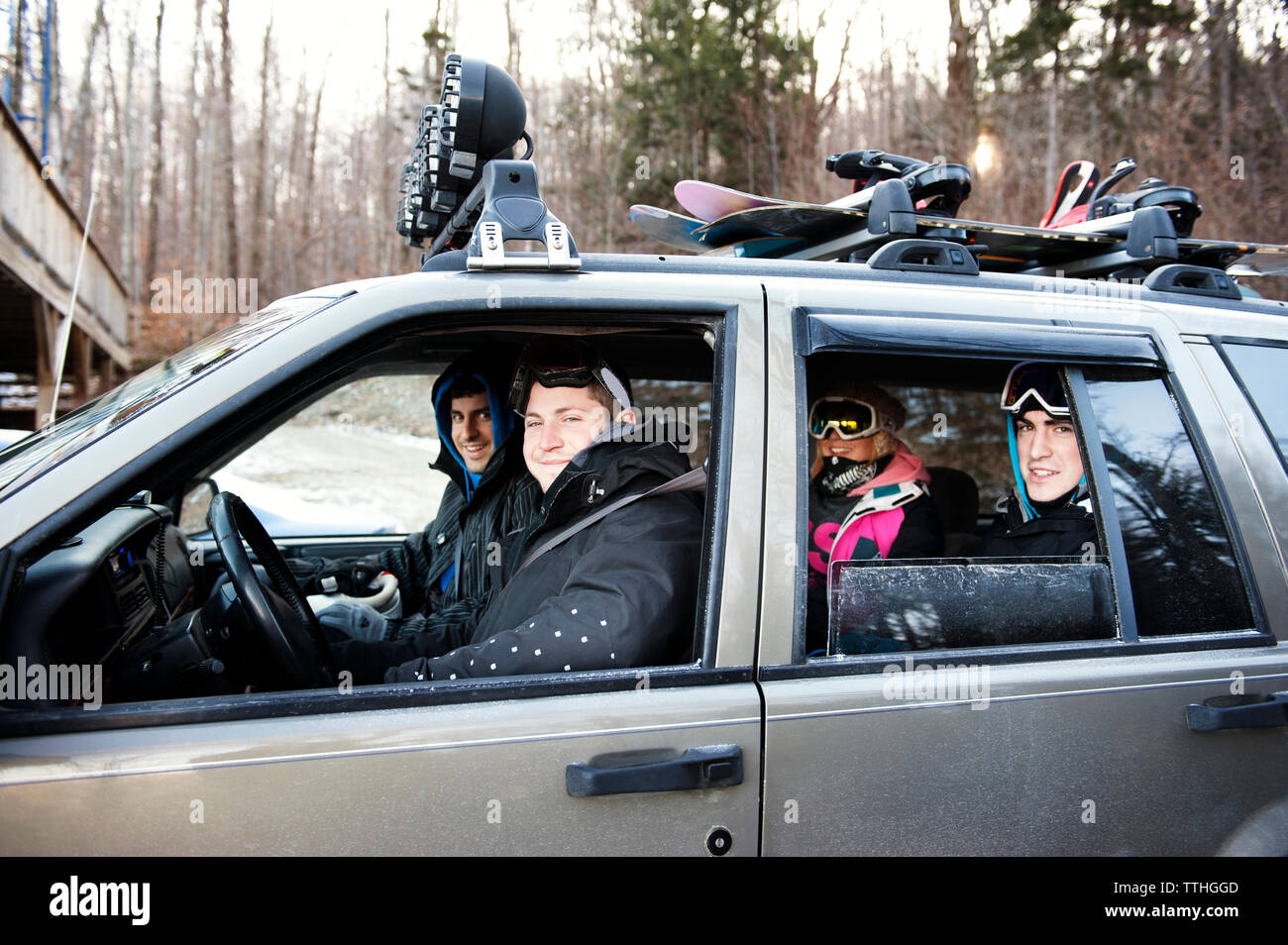 Portrait of female skiers sitting in car Stock Photo