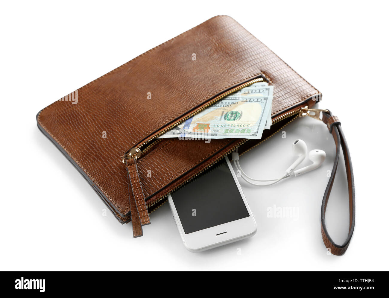 Leather purse with mobile phone and dollar banknotes, isolated on white Stock Photo