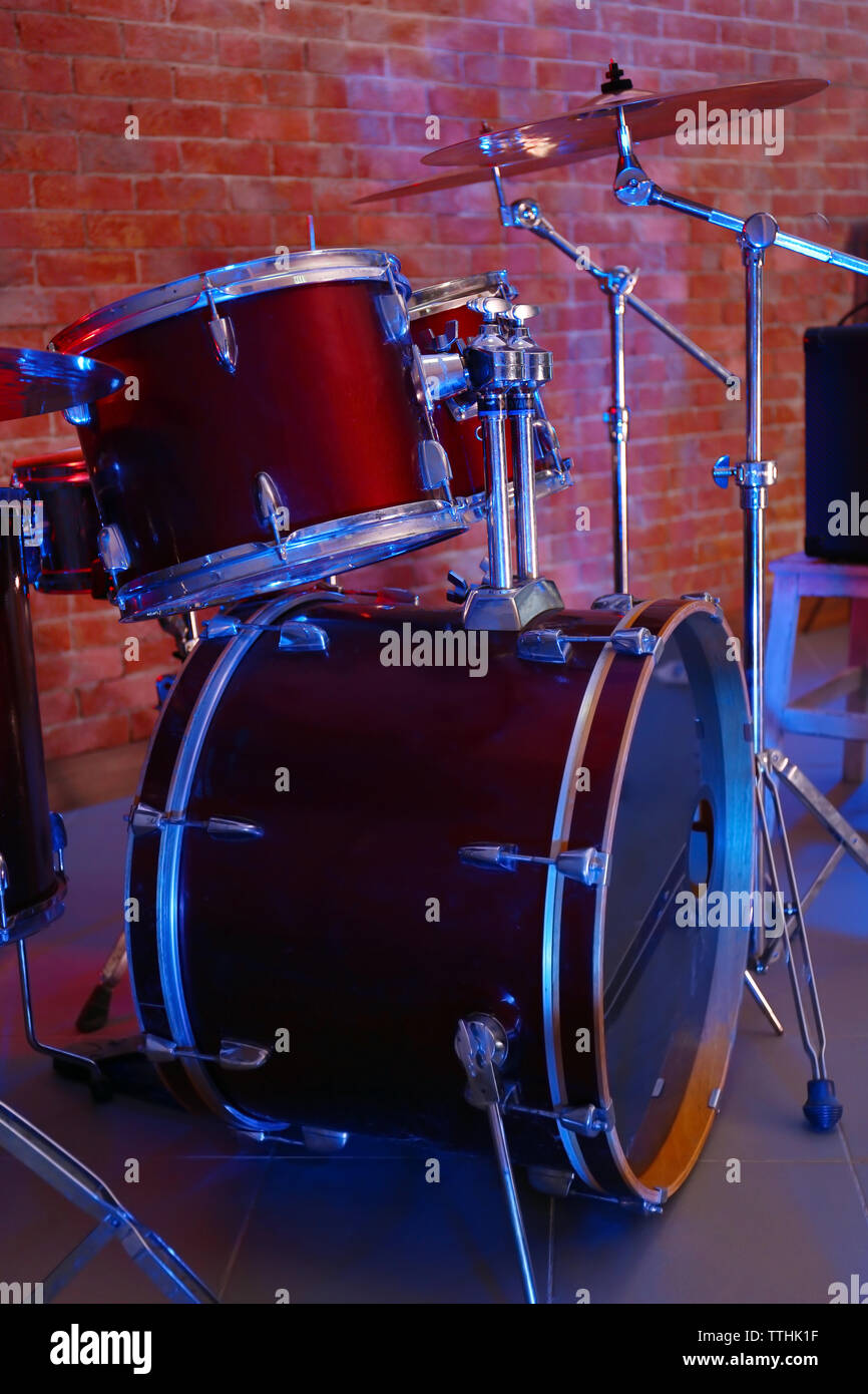 Drum set on stage Stock Photo Alamy