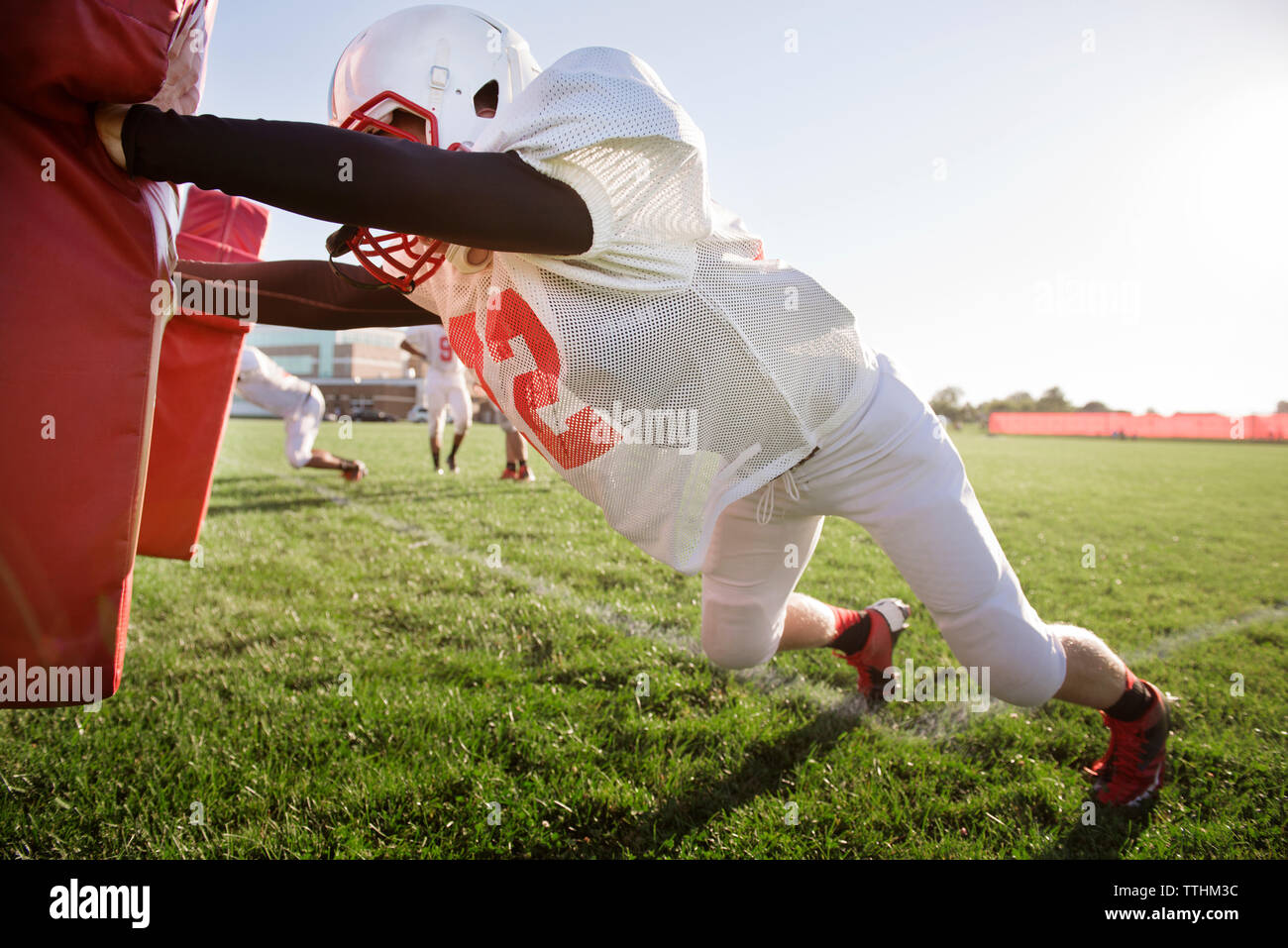 American football player pushing football sled on field Stock Photo Alamy