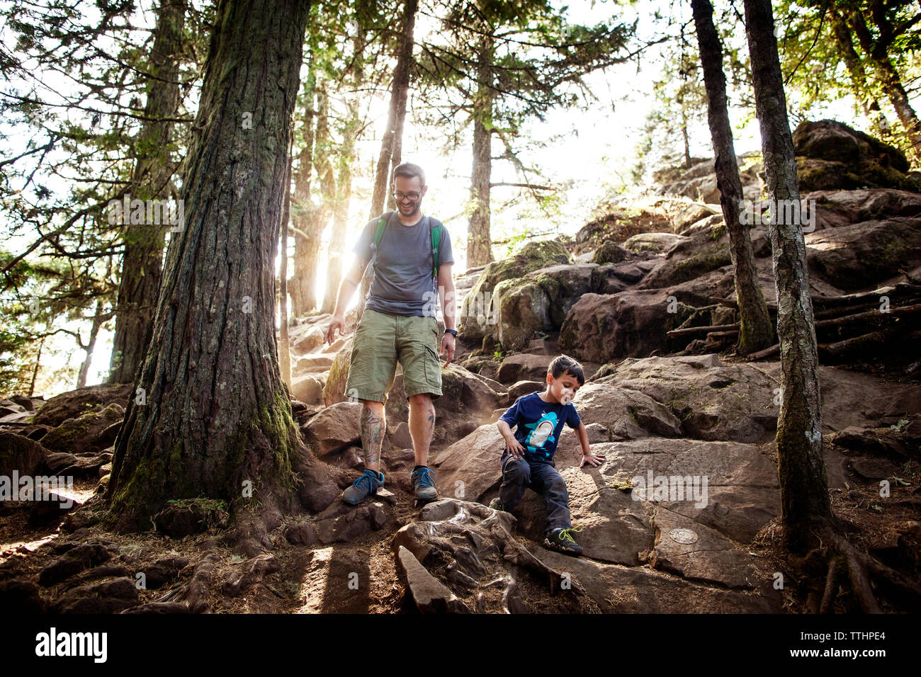 Father and son hiking in forest Stock Photo