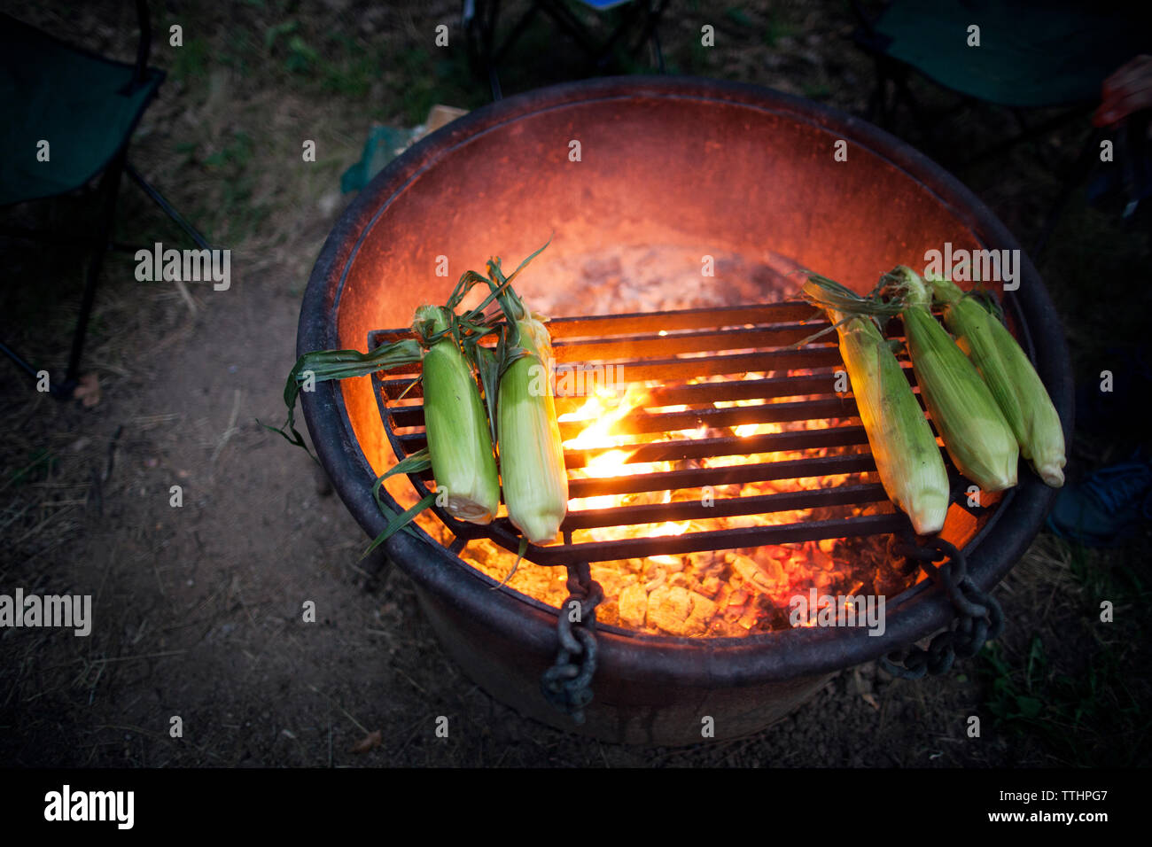 High Angle View Of Corns Grilling On Fire Pit Stock Photo