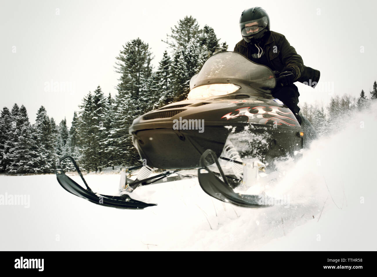 Man riding snowmobile on snow field in forest Stock Photo