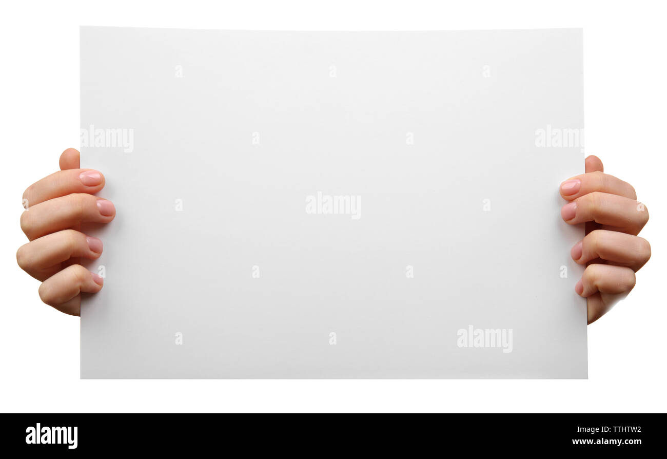Female hands holding blank sheet of paper isolated on white Stock Photo ...