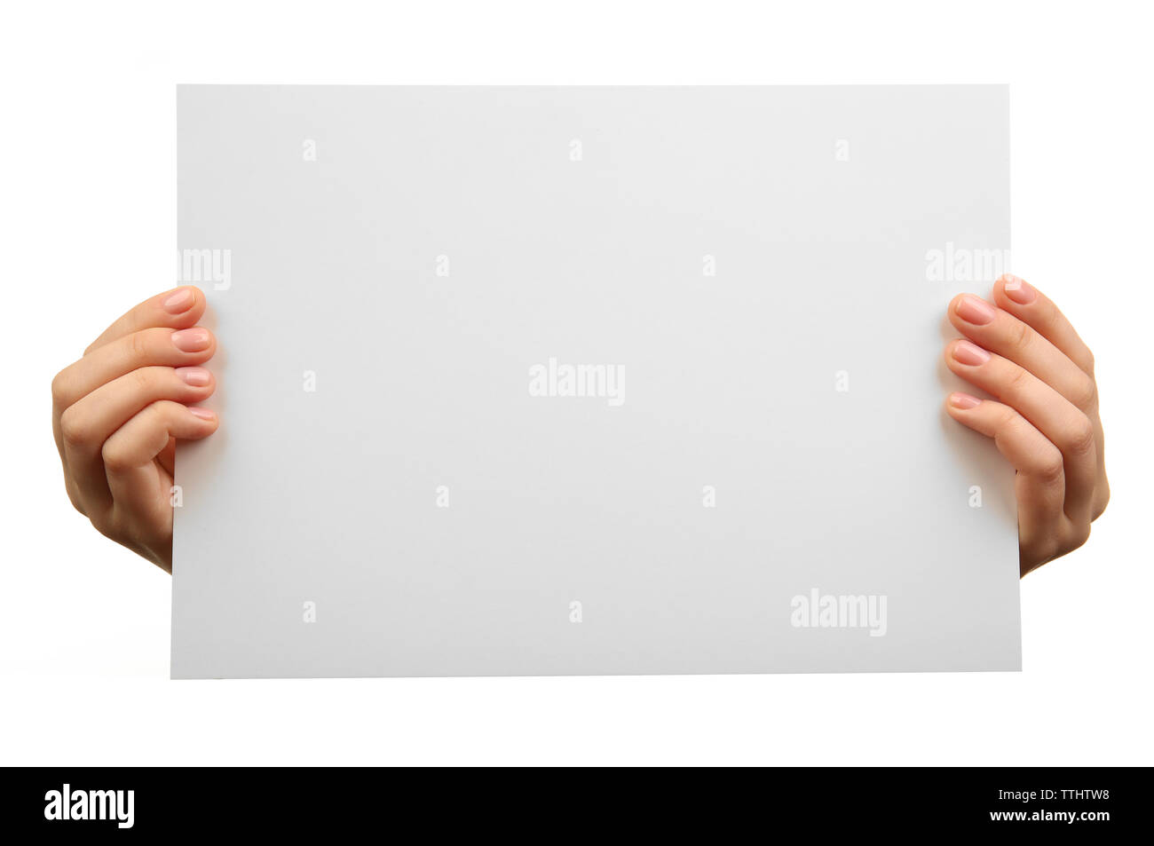 Female hands holding blank sheet of paper isolated on white Stock Photo ...