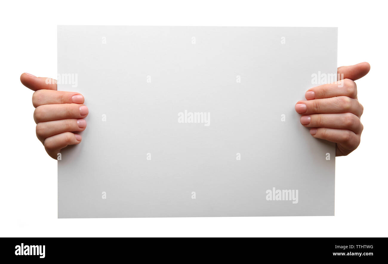 Female hands holding blank sheet of paper isolated on white Stock Photo ...