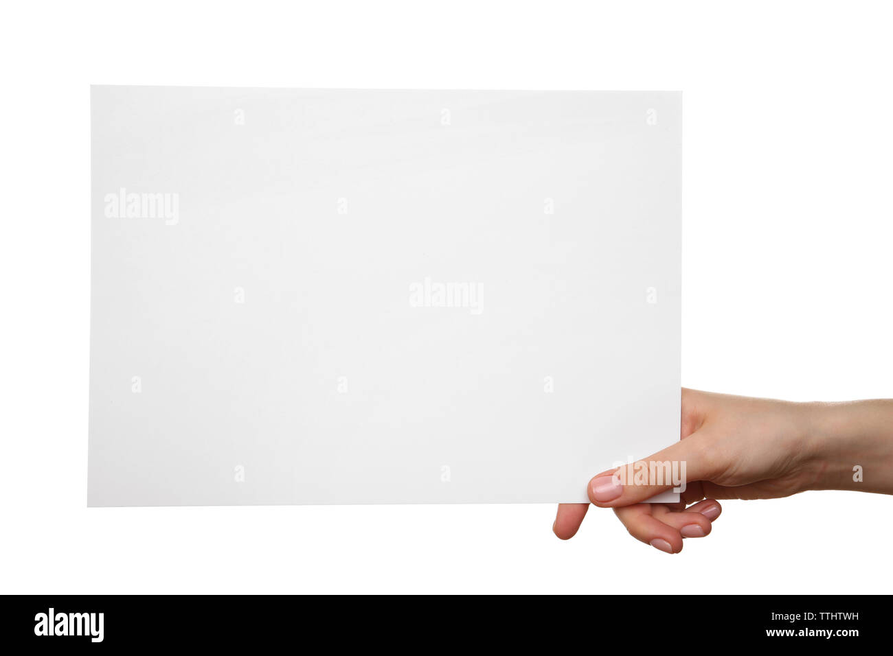 Female hand holding blank sheet of paper isolated on white Stock Photo ...