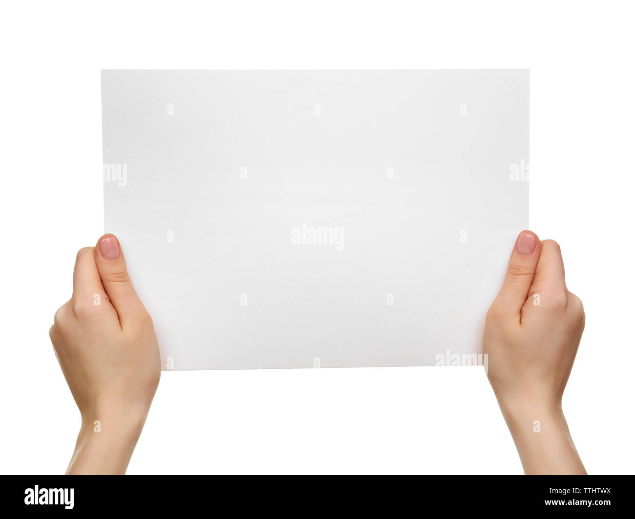 Female hands holding blank sheet of paper isolated on white Stock Photo ...