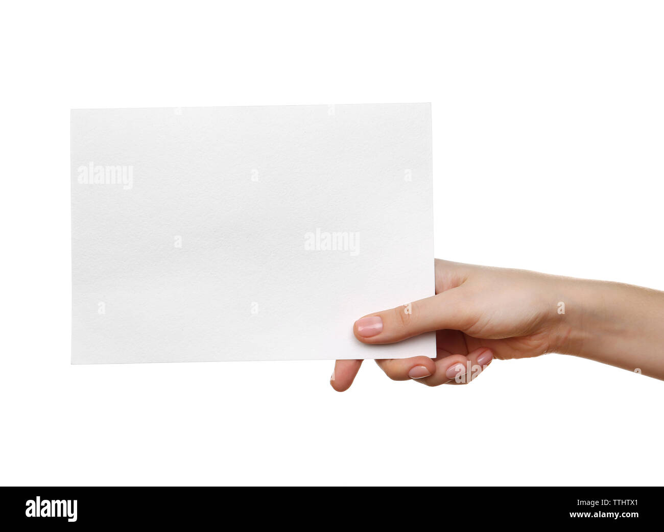 Female hand holding blank sheet of paper isolated on white Stock Photo ...
