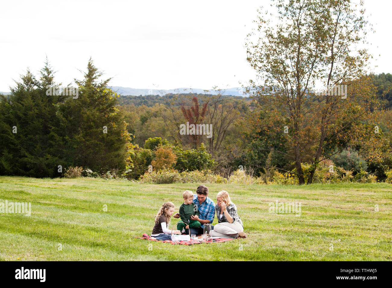 Family enjoying picnic on grassy field Stock Photo