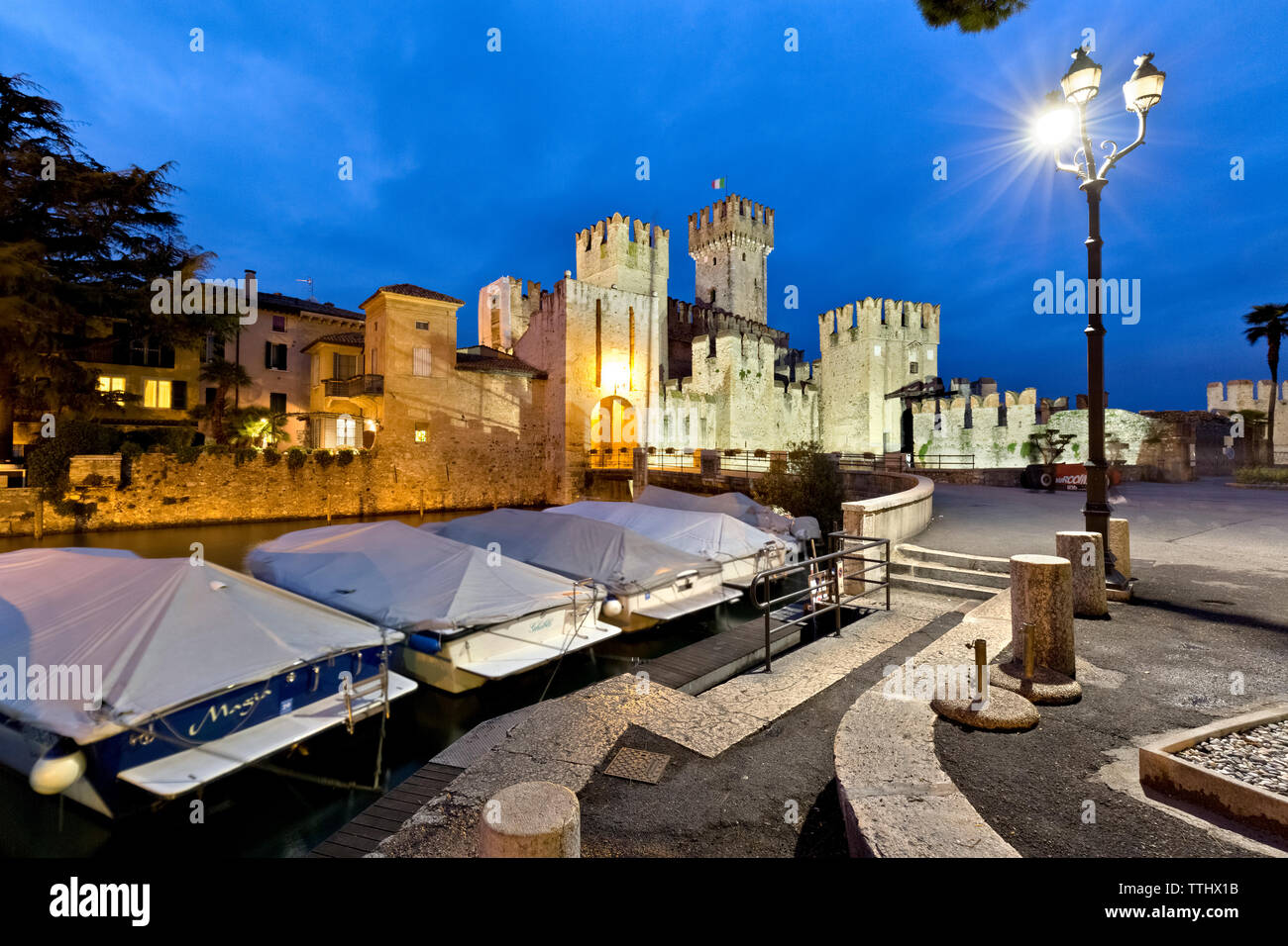 Evening at the Scaligero castle in Sirmione. Lake Garda, Brescia province, Lombardy, Italy, Europe. Stock Photo
