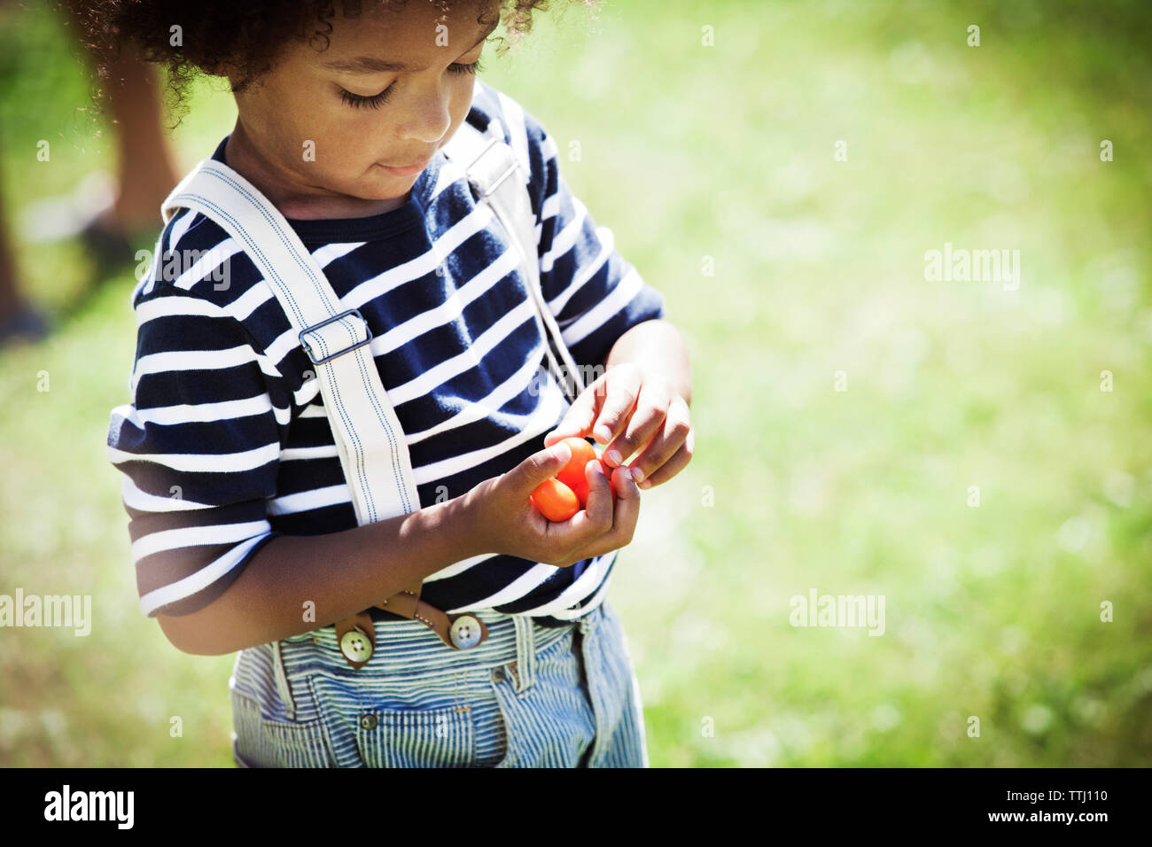 Boy with cherry tomatoes at backyard Stock Photo