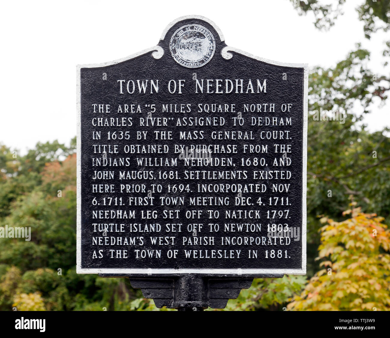 Information sign about the historic Town of Needham, Massachusetts, USA