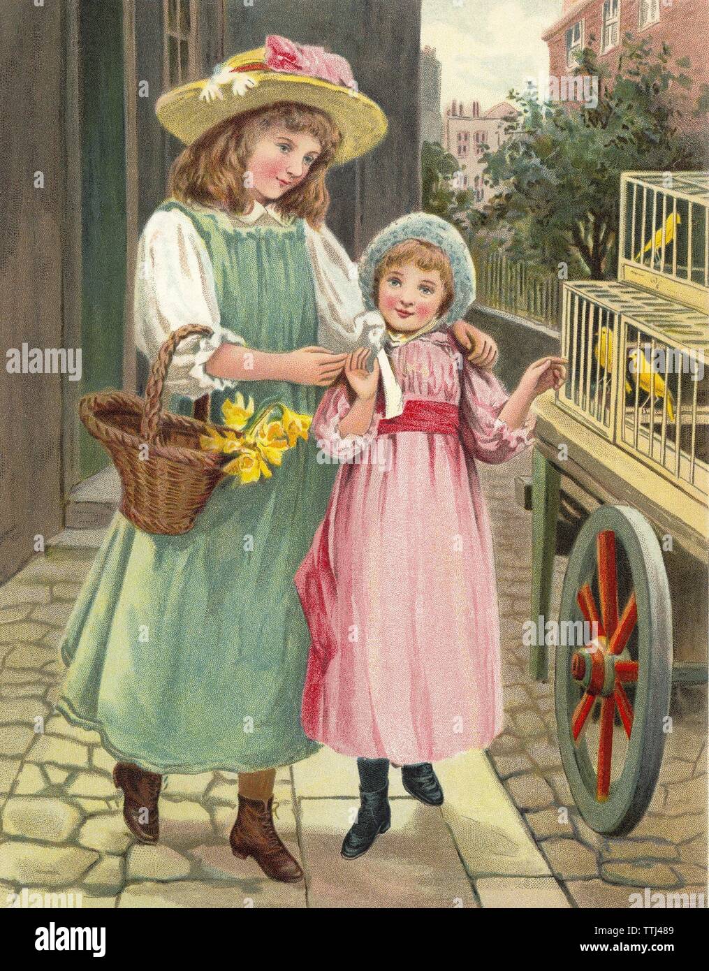 Two girls with flowers and birds in cages on this illustration from the turn of the century 1800-1900. Stock Photo