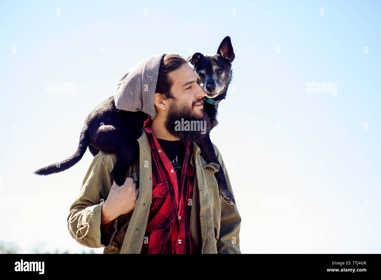 Thoughtful man carrying dog on shoulders while standing against clear sky  Stock Photo - Alamy