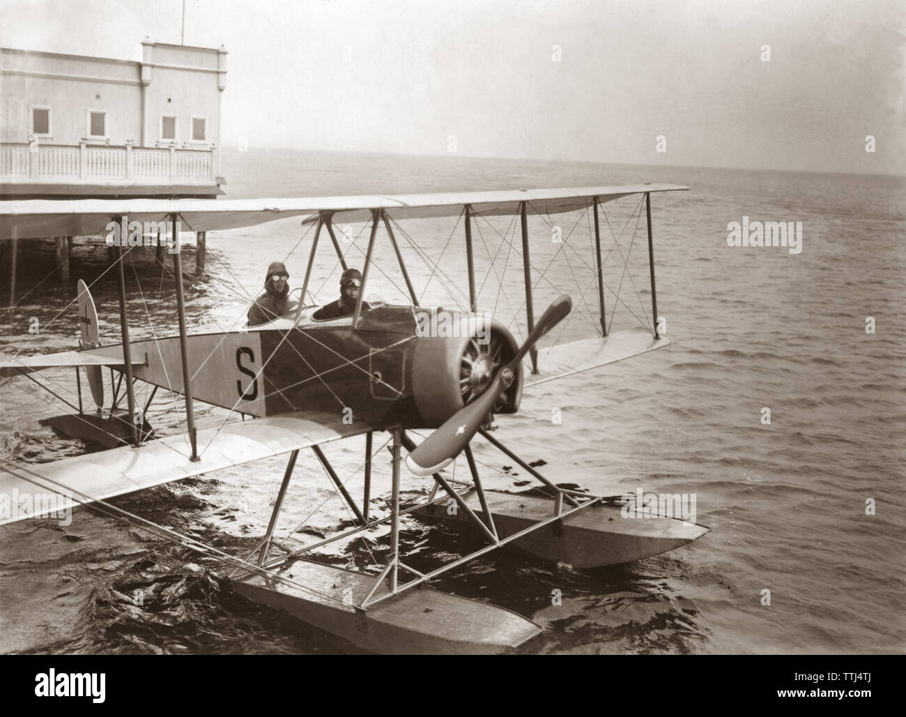 Seaplane 1919. On April 11 1919 was the first flight of the route Malmö Sweden - Copenhagen Denmark. The pilot Axel Lind made the flight in 27 minutes. The plane from Enoch Thulins aircraft factory. Stock Photo