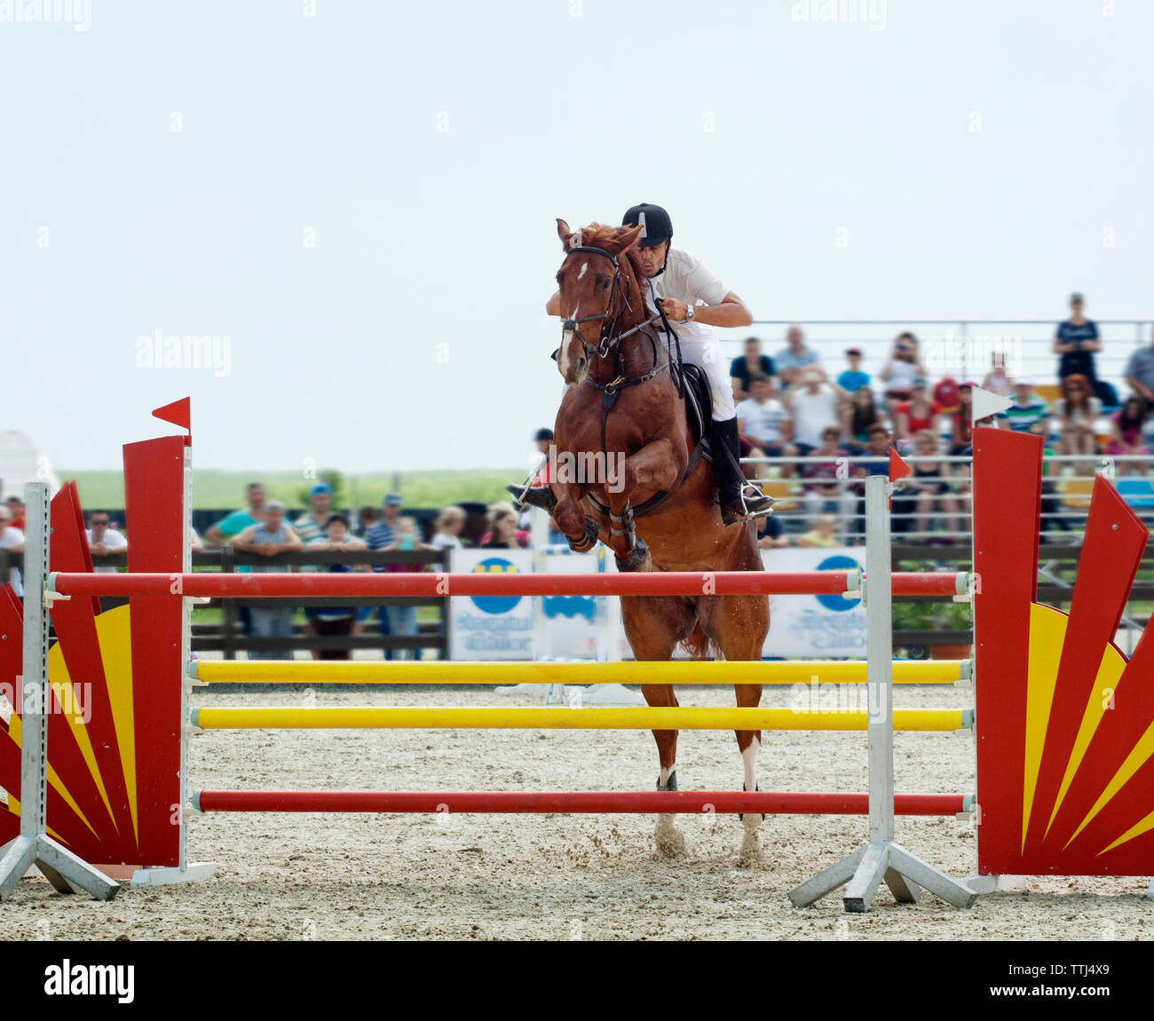 Man riding horse over hurdle Stock Photo