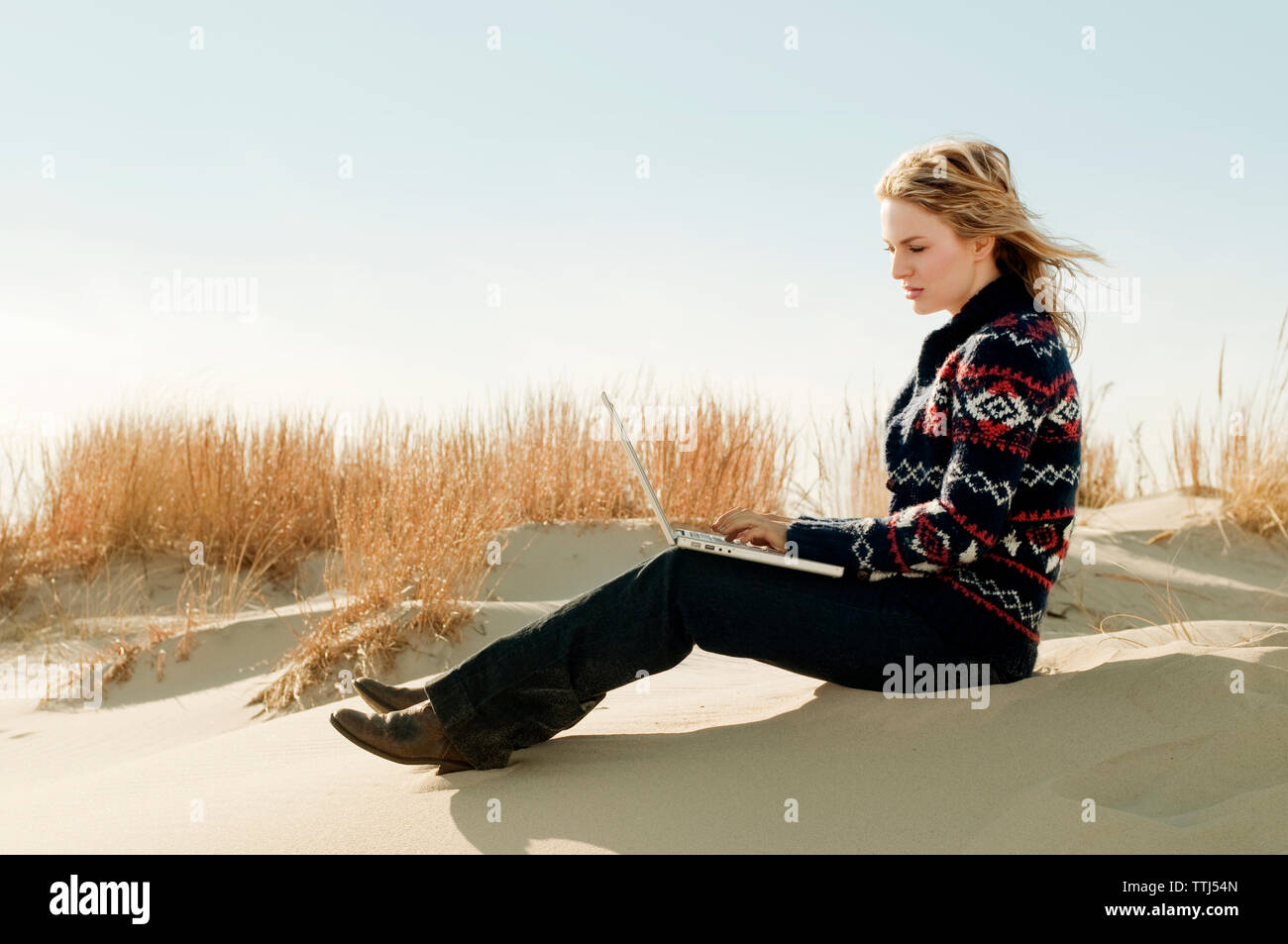 Woman using laptop computer while sitting on sand Stock Photo
