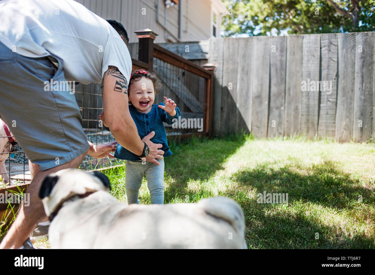 Happy family with dog playing in backyard Stock Photo